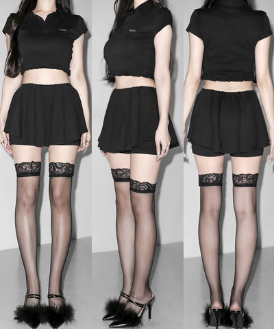 【 セットアップ 】ロゴプレート半袖トップス＋フレアミニスカパン SET ／( SETUP ) logo plate short sleeve tops + flared mini skirt pants