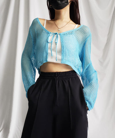 【 ２WAY／６color 】華奢リボンメッシュワイドショートカーディガン