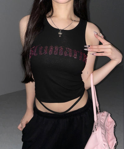 ラインストーンロゴリブタンクトップ／Rhinestone logo ribbed tank top