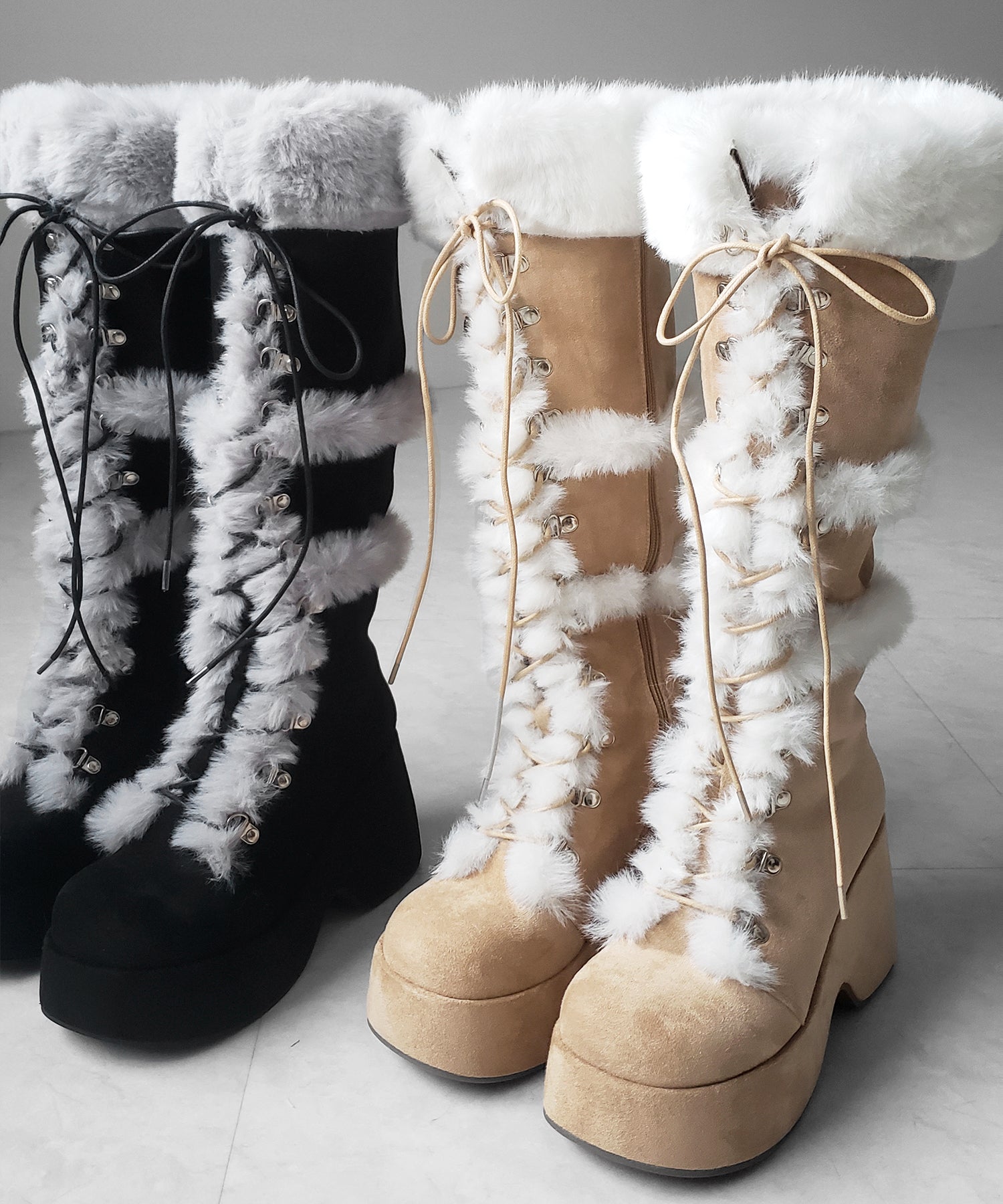 厚底レースアップムートンロングブーツ ／ platform laceup mouton long boots