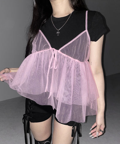 フロントリボンチュールキャミソール ／ front ribbon tulle camisole
