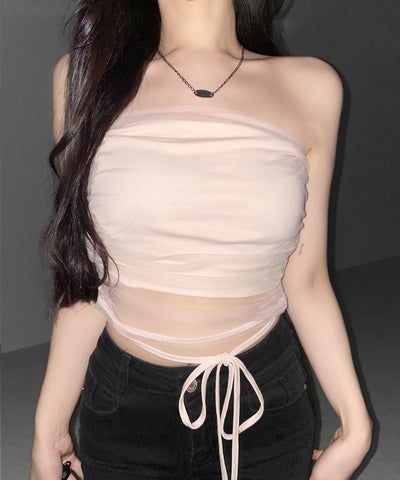 ウエストクロスチュールドッキングベアトップ ／ waist cross tulle docking bare top