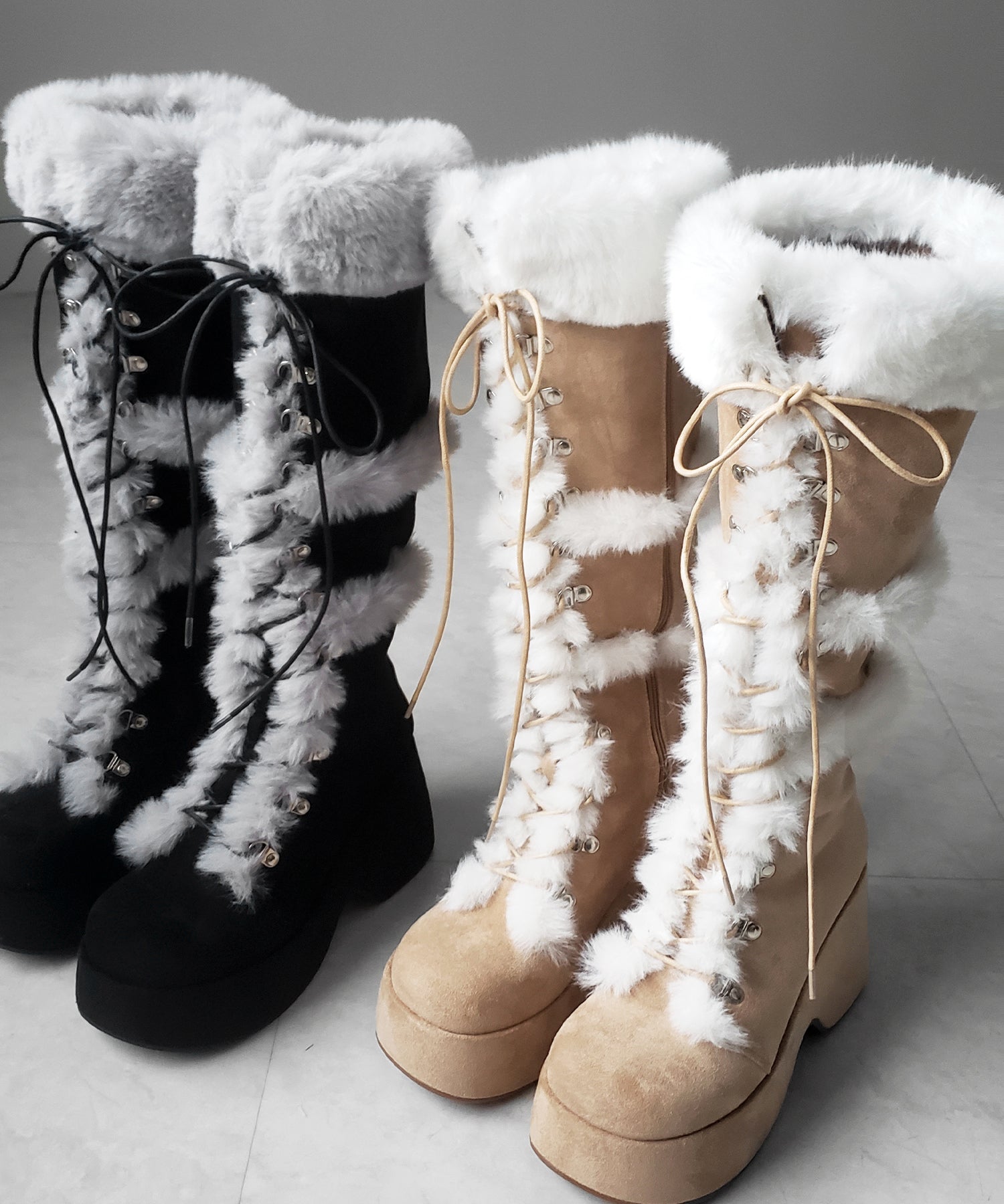 厚底レースアップムートンロングブーツ ／ platform laceup mouton long boots