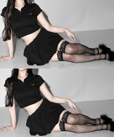 【 セットアップ 】ロゴプレート半袖トップス＋フレアミニスカパン SET ／( SETUP ) logo plate short sleeve tops + flared mini skirt pants