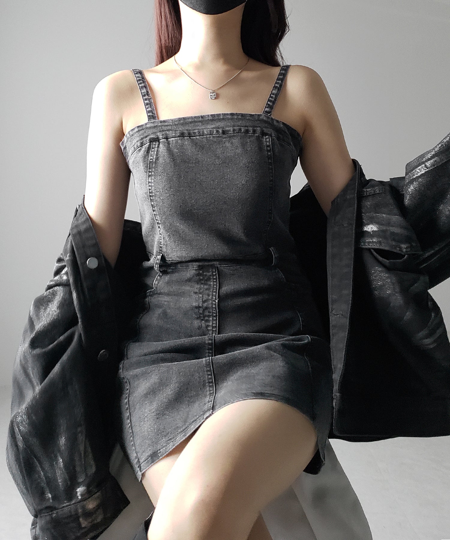【 ２color 】ウォッシュデニムハイウエストミニキャミワンピース ／ wash denim high waist mini cami onepiece