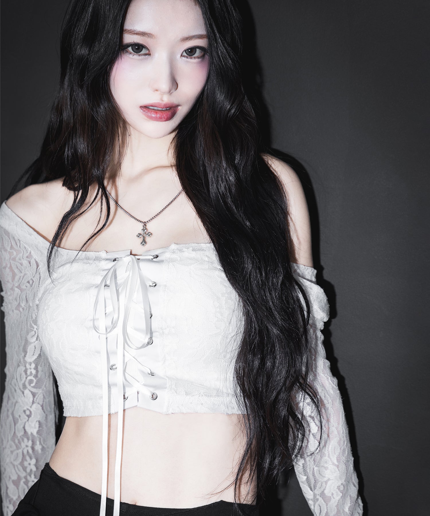 【 ２color 】レースアップコルセットリボンショートレーストップス ／ laceup corset ribbon short lace tops