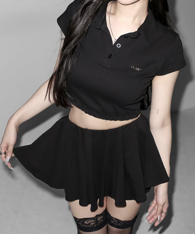 【 セットアップ 】ロゴプレート半袖トップス＋フレアミニスカパン SET ／( SETUP ) logo plate short sleeve tops + flared mini skirt pants