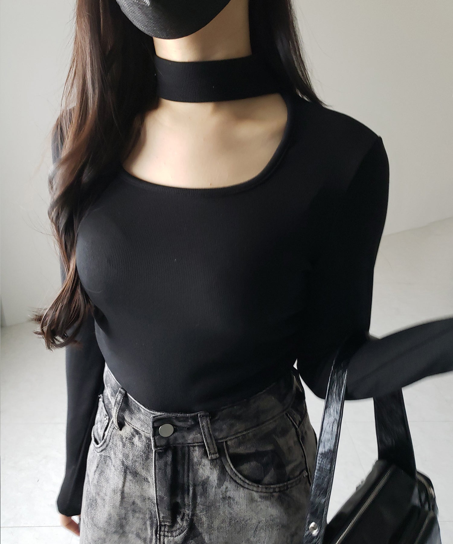 【 ３color ／ 裏起毛 】スクエアネックチョーカーシャーリングトップス ／ square neck choker shirring tops