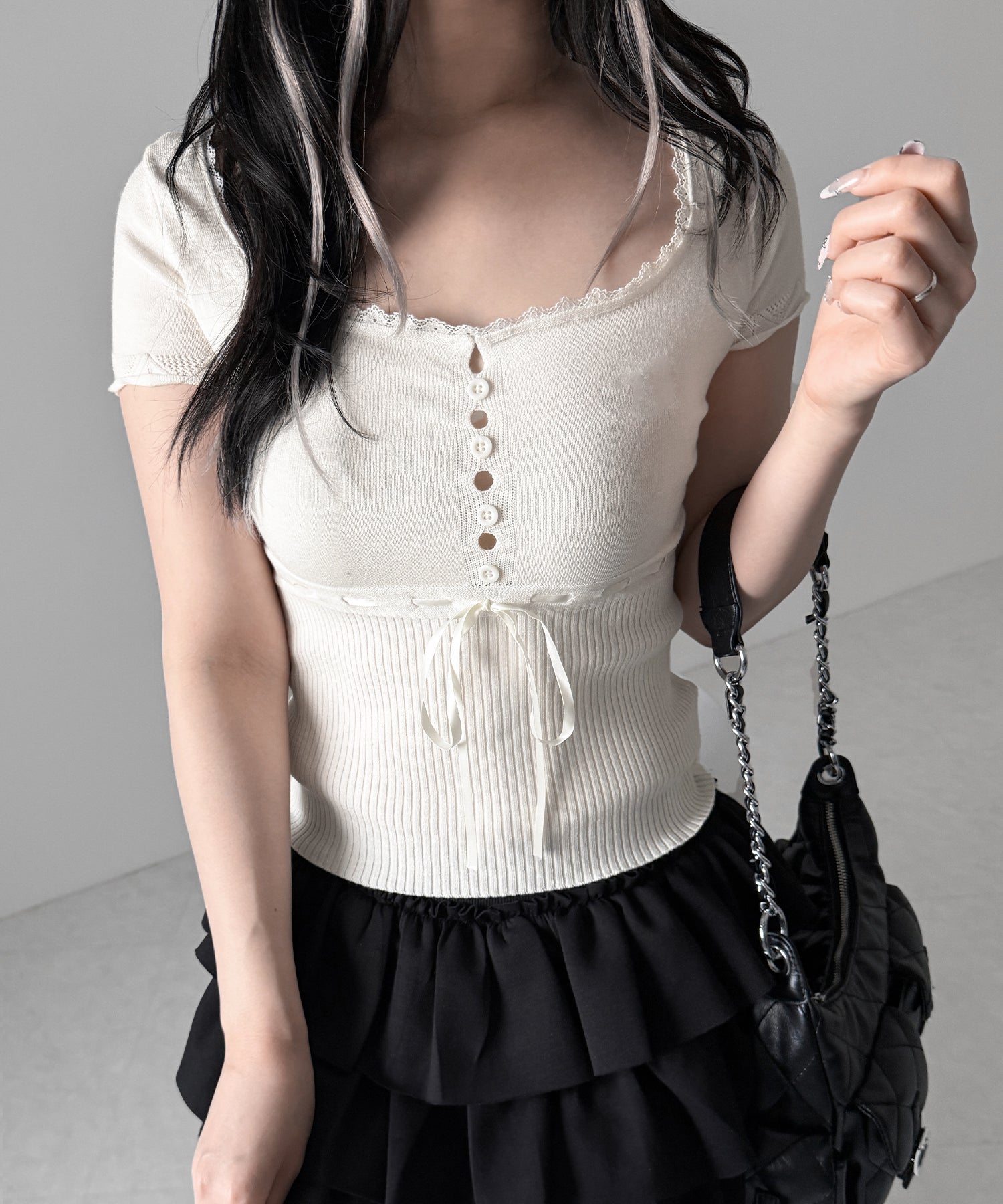 フロントリボンスクエア半袖ニットトップス / front ribbon square short sleeve knit tops