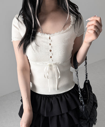 フロントリボンスクエア半袖ニットトップス / front ribbon square short sleeve knit tops
