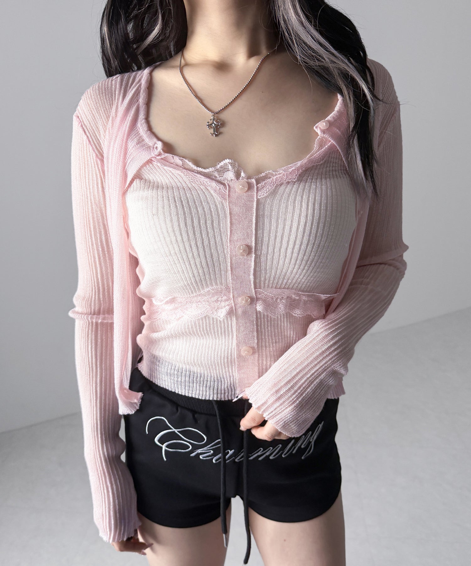 【 2点セット 】フロントレースシアーニットキャミソール ＋カーディガン SET / front lace sheer knit camisole + cardigan set