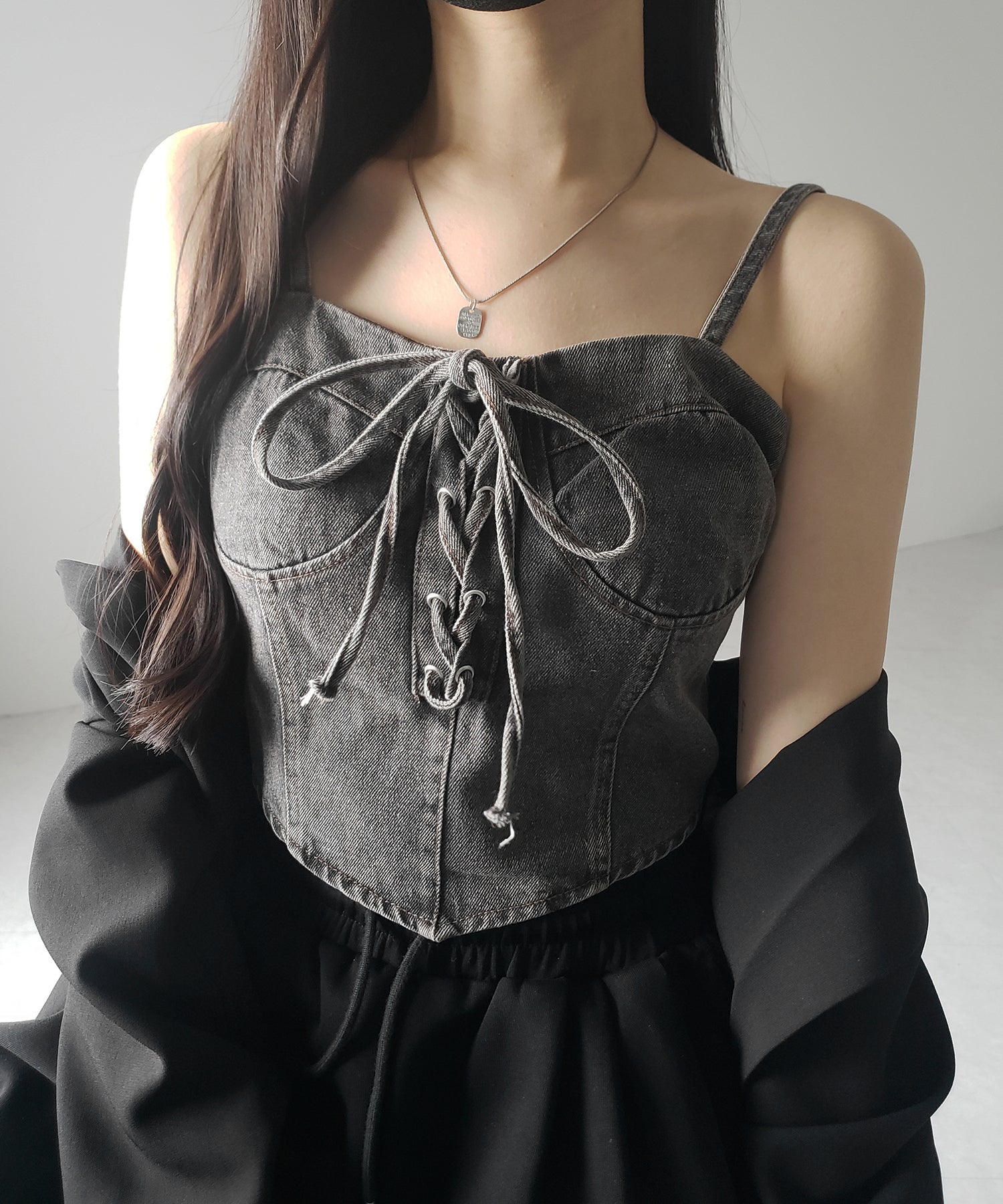 【 ２color 】レースアップリボンコルセットデニムビスチェ ／ lace up ribbon corset denim bustier