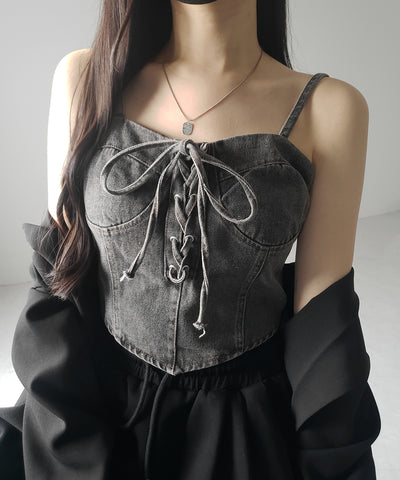 【 ２color 】レースアップリボンコルセットデニムビスチェ ／ lace up ribbon corset denim bustier