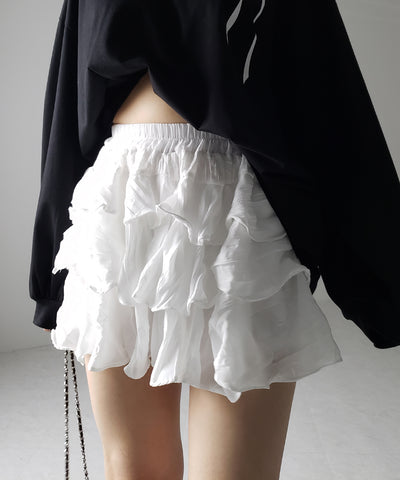 【 インパン裏地付 】３段クリンクルシアーフリルボリュームミニスカート ／ crinkle sheer frill volume mini skirt