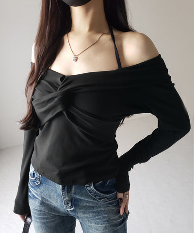 【 ２color 】クロスギャザーオフショルカットソートップス ／ cross gather off shoulder cutsew tops