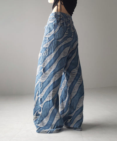 【 ２color ／ ４size 】バイカラーカットフリンジダメージワイドデニム ／ bicolor cut fringe damaged wide denim