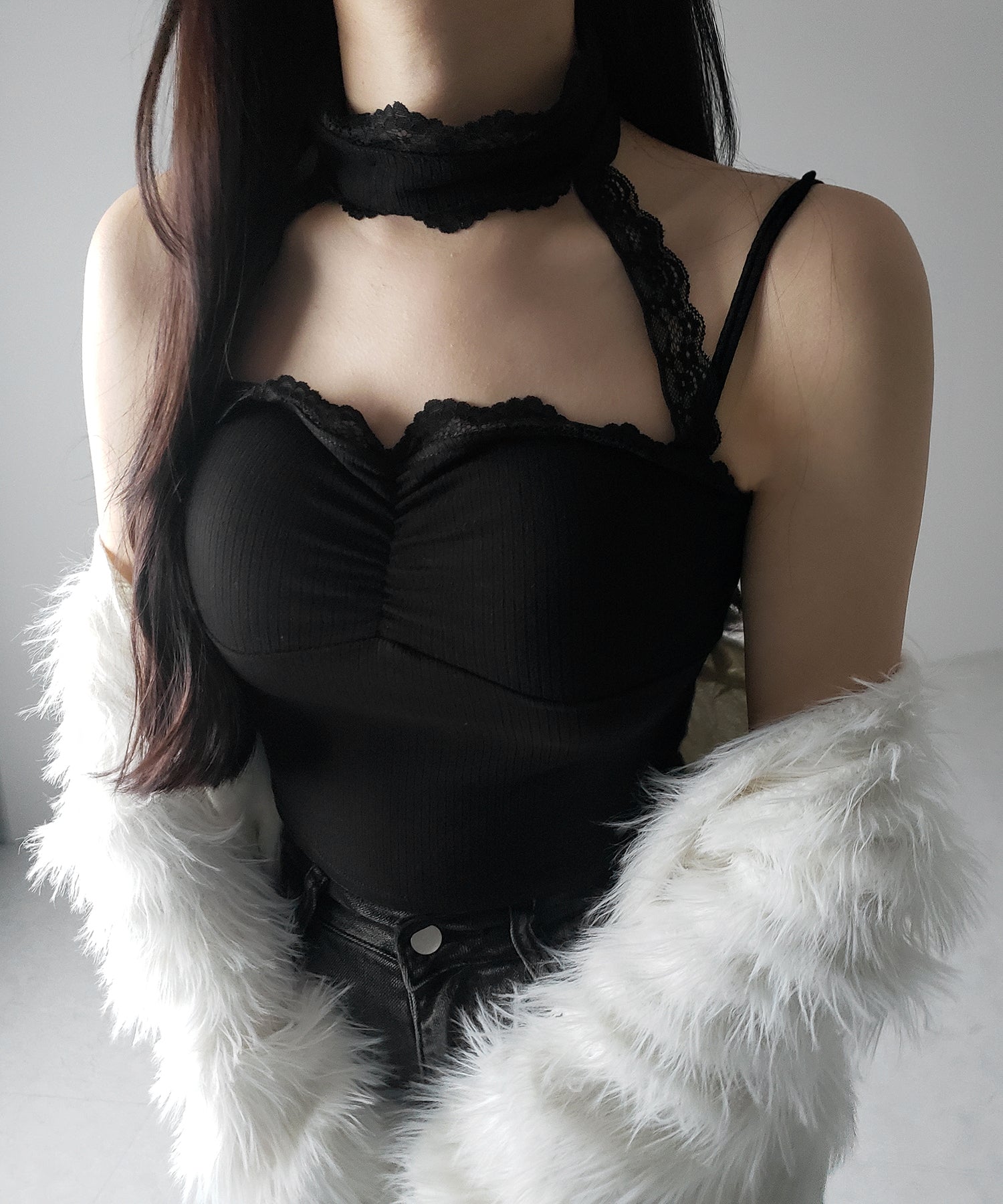 【 ２color ／ カップ付 】レースチョーカーストラップリブキャミソール ／ lace choker strap lib camisole