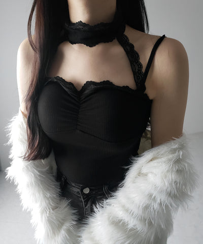 【 ２color ／ カップ付 】レースチョーカーストラップリブキャミソール ／ lace choker strap lib camisole