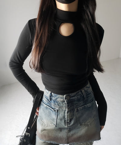 【 ３color 】裏起毛カットアウトプチハイネックトップス ／ urakimo cutout puchi highneck tops
