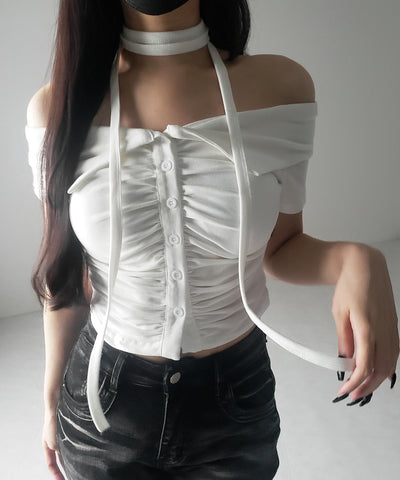 【 ３color 】チョーカーロングタイ付き　オフショルダータックギャザーＴシャツ ／ choker long tie SET offshoulder tuck gather slim T-shirt