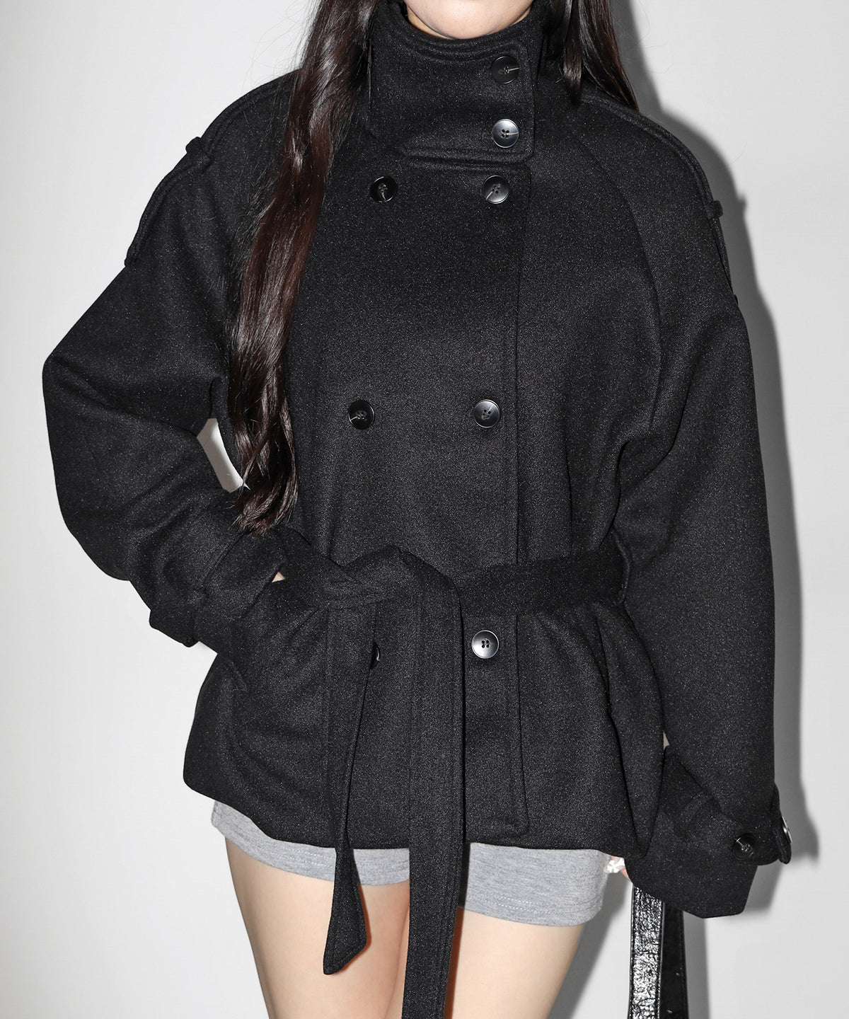 【 ウエストベルト付き 】スタンドネック ダブルブレスト ウールライクメルトンピーコート ／ Stand neck double-breasted wool-like melton pea coat