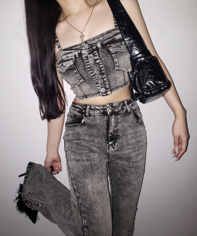 【 セットアップ 】ヴィンテージライクデニムビスチェ ＋ ストレッチフレアデニム SET ／ 【 SET UP 】 vintage like denim bustier + stretch flare denim