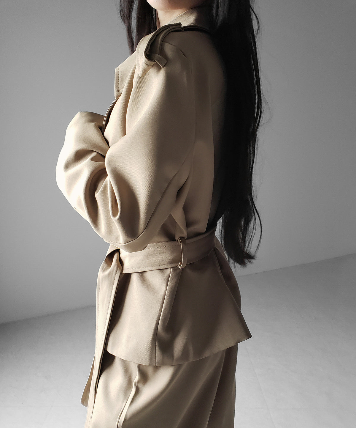 【 上下セットアップ 】ウエストマークショートトレンチコート ＋ タックワイドスラックスパンツ SETUP ／ Waist-mark short trench coat + tuck wide slacks pants