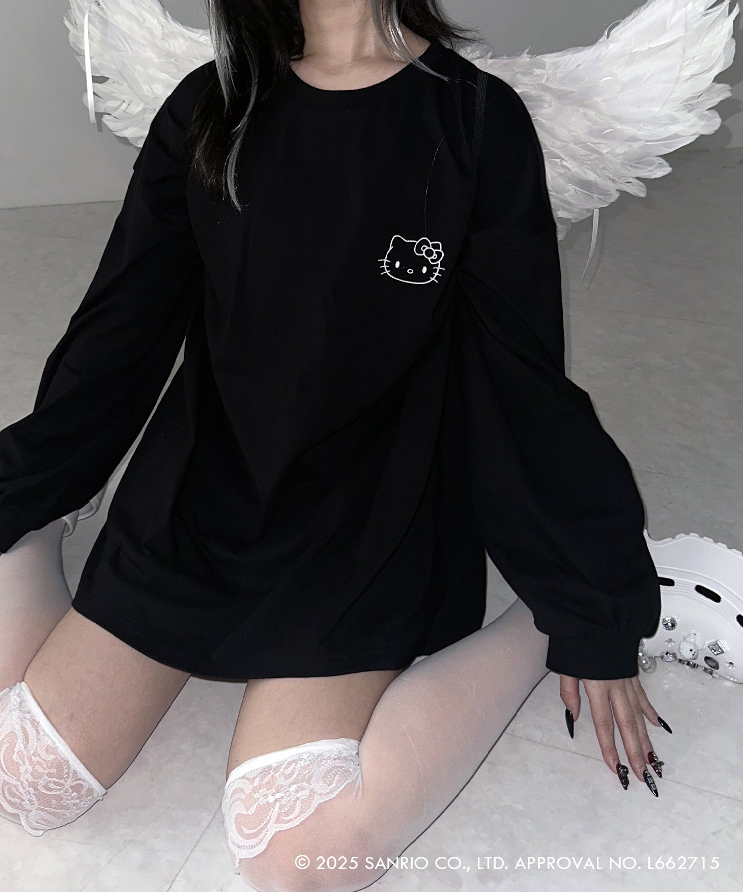 【 HELLO KITTY × me+em select 】ハローキティ刺繍長袖ビッグロンT ／ Hello Kitty embroidery big long sleeve T-Shirts【 セットアップ着用可能 】