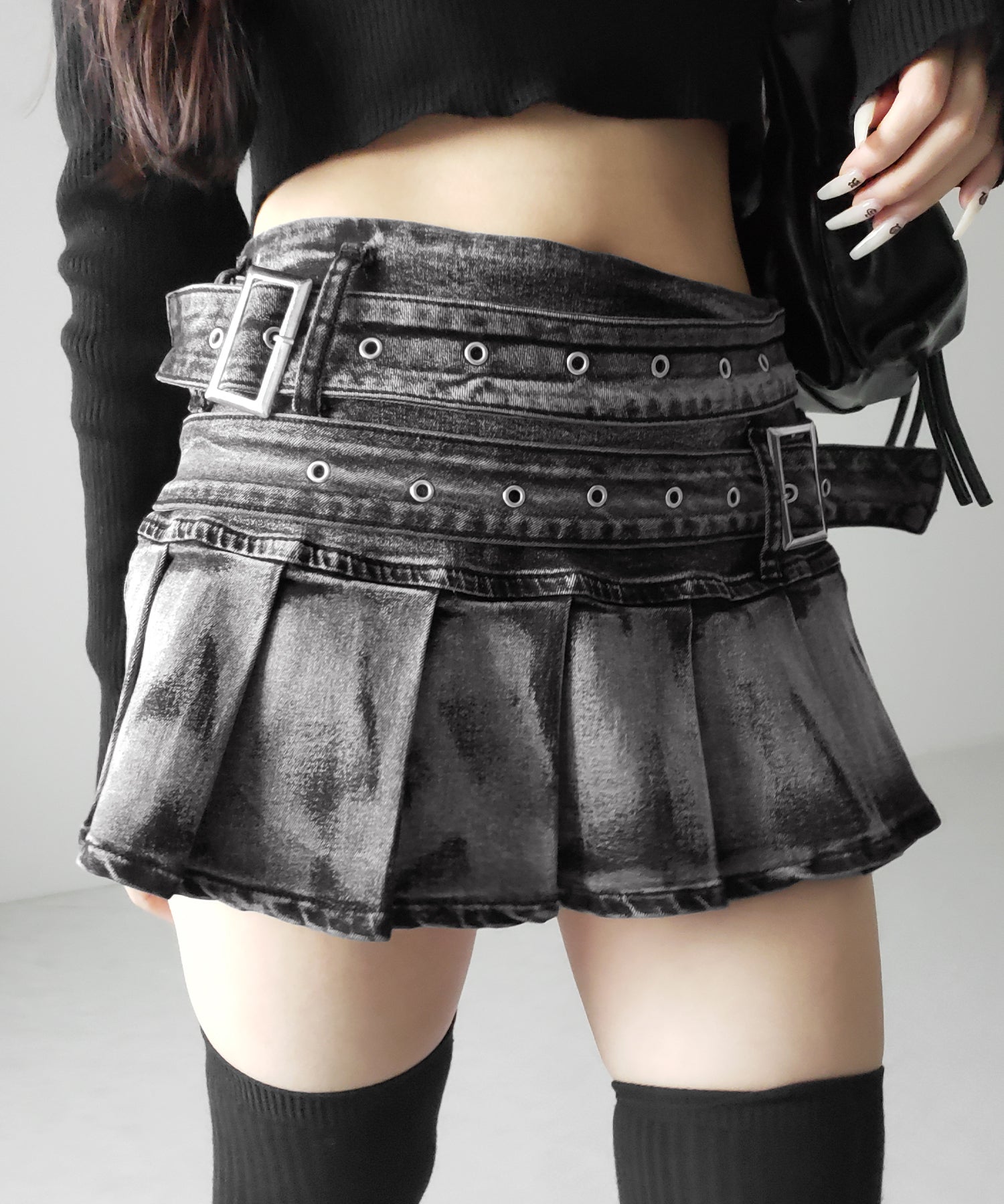 【 インパン裏地付 】ダブルベルトヴィンテージデニムプリーツミニスカート ／ double belt vintage denim pleats mini skirt