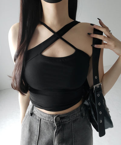 【 ３color ／ カップ付 】クロスネックカットアウトキャミソール ／ cross neck cutout camisole