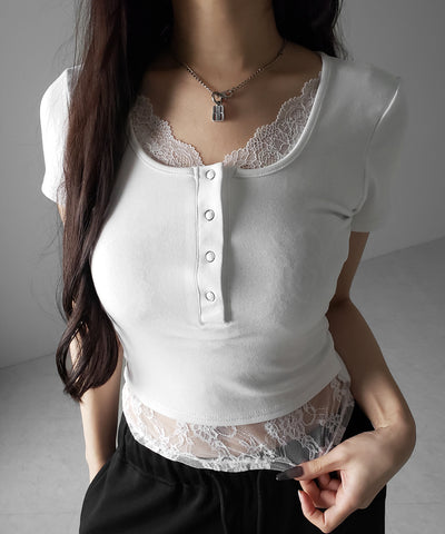 レースレイヤードヘンリーネックスクエア半袖Ｔシャツ ／ lace layered henley neck square short sleeve T-shirt