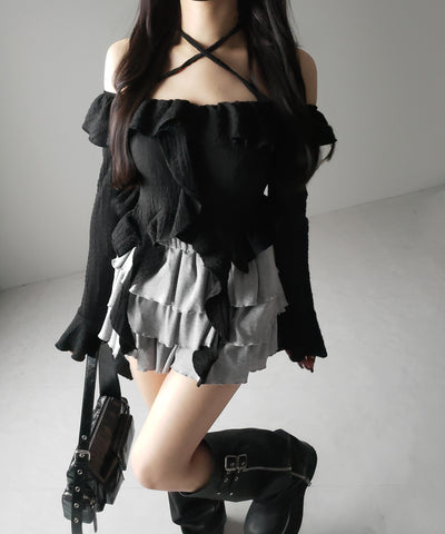 【 ２color 】クロスストラップリボンオフショルダーフリルブラウス ／ cross strap ribbon off shoulder frill blouse
