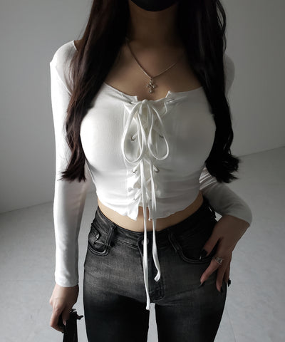 【 ３color 】レースアップフロントリボンショートスリムトップス ／ lace up front ribbon short slim tops