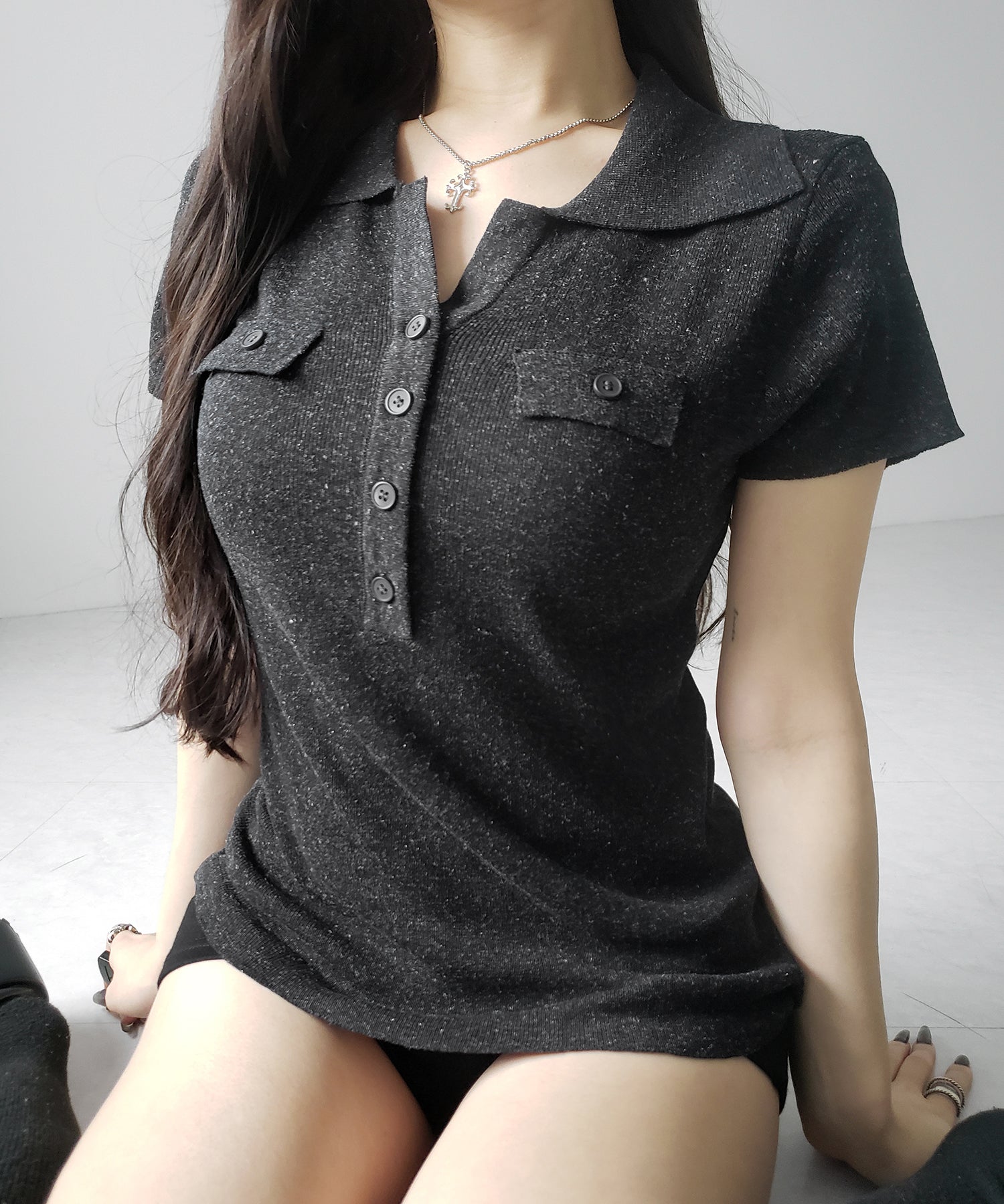 スキッパーボタンロングシアーニットトップス ／ skipper button long sheer knit tops