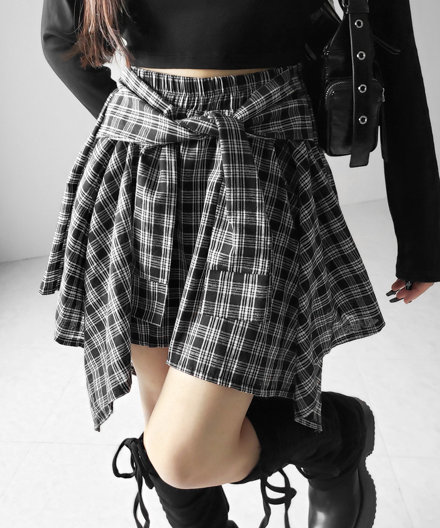 【 インナーパンツ裏地付 】シャツレイヤードチェックミニスカート ／ shirt layered check mini skirt
