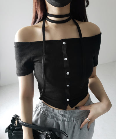 【 ２WAY 】ストラップリボンオフショルダーリブトップス ／ strap ribbon off shoulder rib tops
