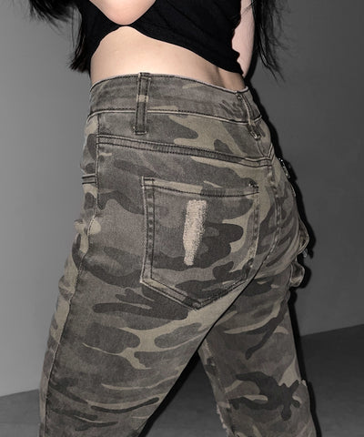 ヴィンテージカモフラ迷彩ダメージフレアデニムパンツ ／ vintage camouflage damage flared denim pants