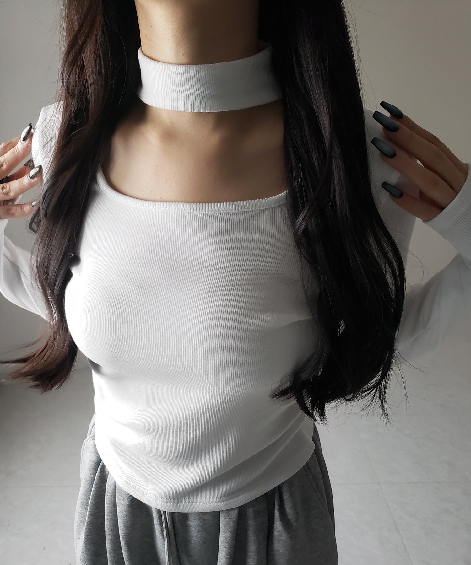 【 ３color ／ 裏起毛 】スクエアネックチョーカーシャーリングトップス ／ square neck choker shirring tops