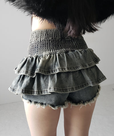 【 ２color 】ベルテッドフリルヴィンテージデニムミニスカパン ／ Belted frill vintage denim mini skirt pants