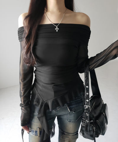 【 ２color 】アシンメトリーフリルオフショルシアートップス ／ asymmetrical frill off-shoulder sheer tops