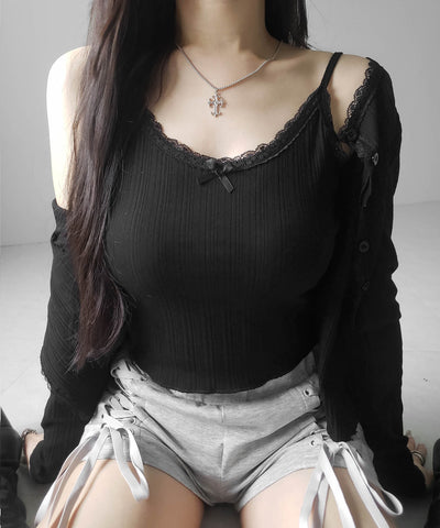 【 ２点セット 】フロントリボンレース切替リブキャミソール ＋ カーディガンセット ／front ribbon lace lib camisole + cardigan SET