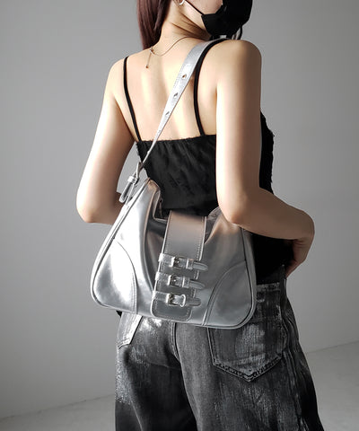 【 ３color 】ベルテッドフェイクレザーショルダーバッグ ／ belted fake leather shoulder bag