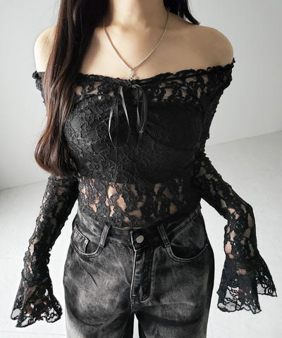 【 ２color ／２WAY 】フロントリボンオフショルスリムレーストップス ／ front ribbon off-shoulder slim lace tops