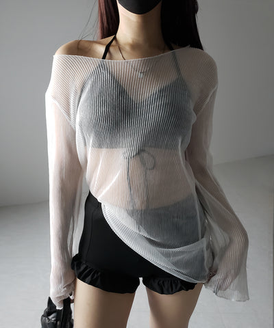 【 レディース水着／３点セット 】シアートップス付き　フロントリボンホルターネックハイウエストビキニ ／ sheer tops set front ribbon halter neck high waist bikini