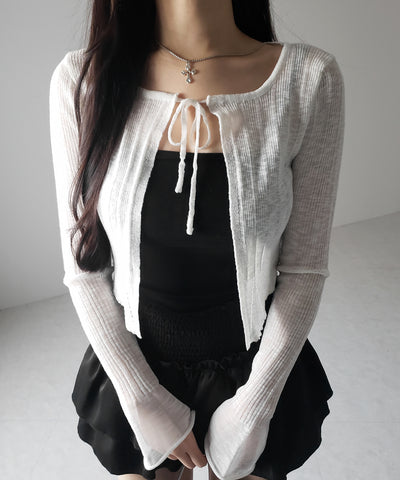 【 ２color 】フロントリボンシアーニットショートカーディガン ／ front ribbon sheer knit short cardigan