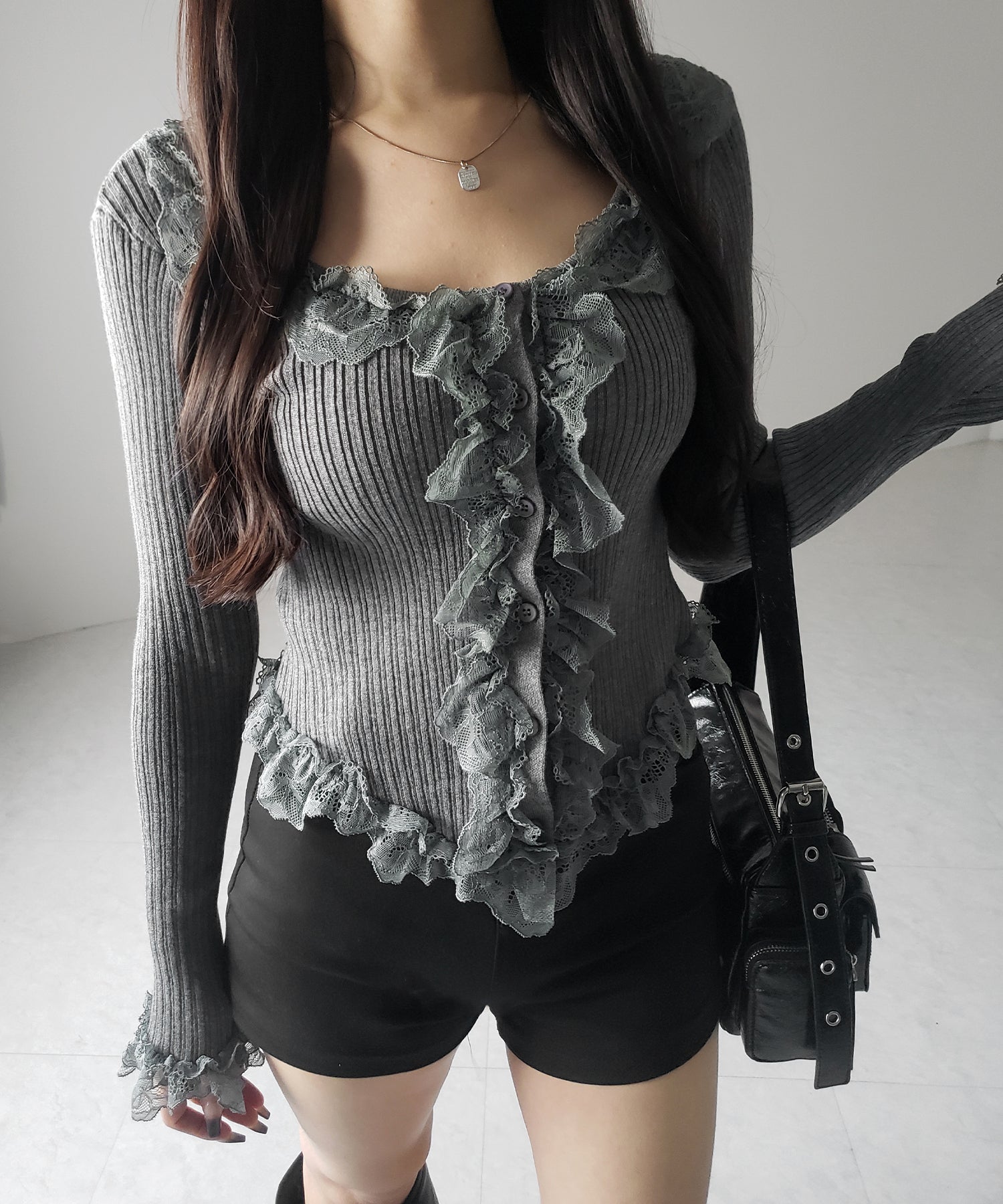 【 ３color 】レースフリルドッキングリブニットカーディガン ／ lace frill docking rib knit cardigan