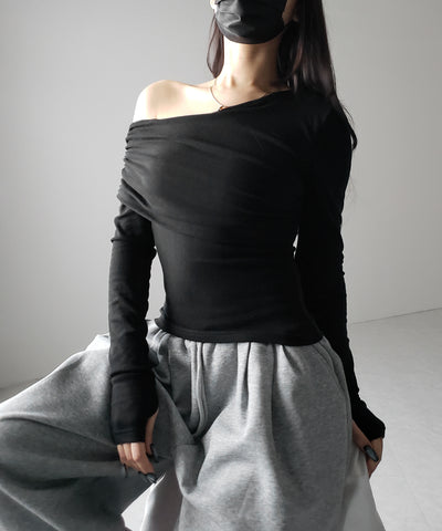 【 ２color ／ 裏起毛 】ワンショルダードレープギャザースリムトップス ／ One-shoulder draped gather slim tops
