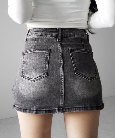 【 インパン裏地付 】カットアウトベルトストラップデニムミニスカパン ／ cutout belt strap denim mini skirt pants