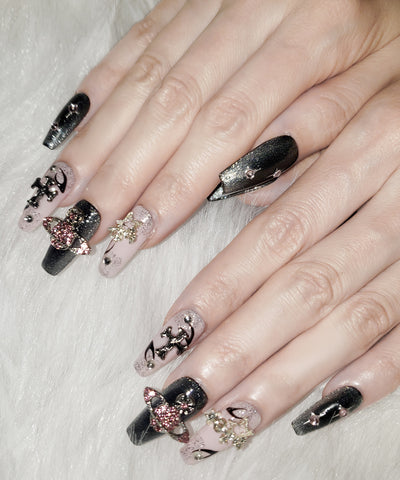 プラネットクロスピンクブラックマグネットネイルチップ／planet cross pink black magnet nail tips