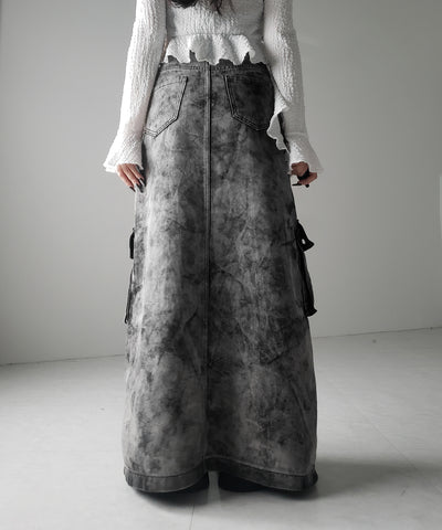 【 ３SIZE 】クラッシュブリーチセンタースリットカーゴデニムスカート ／ crash bleach center slit cargo denim skirt